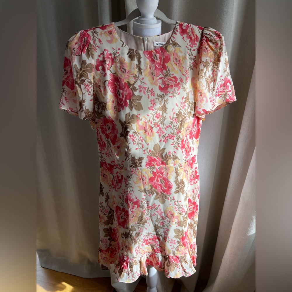 Reformation Pink, Red, Brown, Cream Floral Midi Dress for fall - FREE SHIPPING!